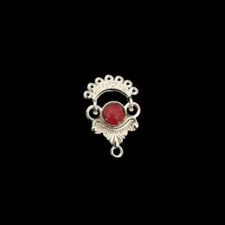 Silvery white metal 7 hole earring connector pendant with red cabochon - size 19 x 30 mm