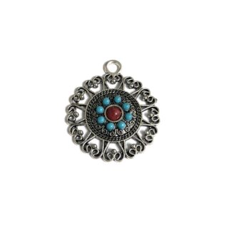Silvery metal pendant with blue and red cabochons - size 40 mm