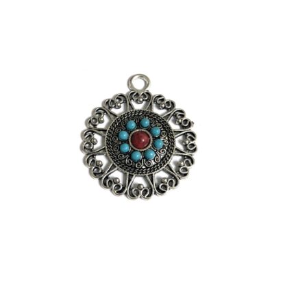 Silvery metal pendant with blue and red cabochons - size 40 mm