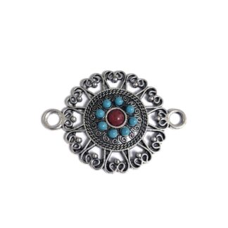 Round silvery metal connector with red and blue cabochons - size 39 x 53 mm