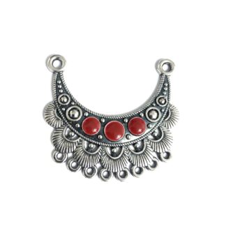 Silvery metal crescent-shaped 8 hole connector pendant with red dots - size 44 x 47 mm