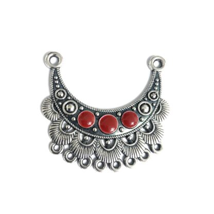Silvery metal crescent-shaped 8 hole connector pendant with red dots - size 44 x 47 mm