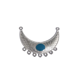 Silvery white metal crescent-shaped 7 hole connector pendant with blue green dot - size 41 x 54 mm