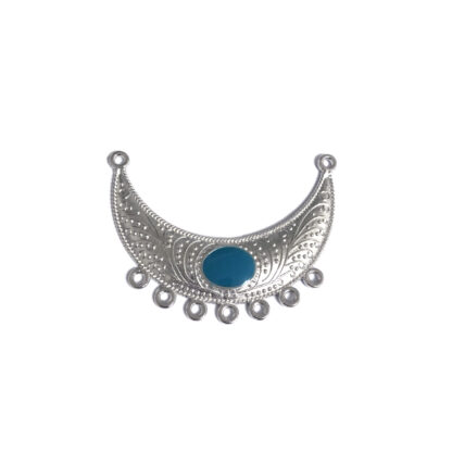 Silvery white metal crescent-shaped 7 hole connector pendant with blue green dot - size 41 x 54 mm