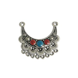 Silvery metal crescent-shaped 8 hole connector pendant with red and blue dots - size 44 x 47 mm