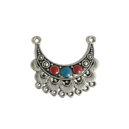Silvery metal crescent-shaped 8 hole connector pendant with red and blue dots - size 44 x 47 mm