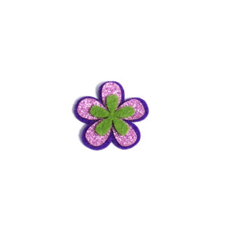 Glittery pink and green flowers on purple felt decoration by piece - diametre 34 mm