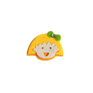 Yellow hair and white face girl head with clear rhinestone green bow on orange felt decoration by piece - size 45 x 50 mm