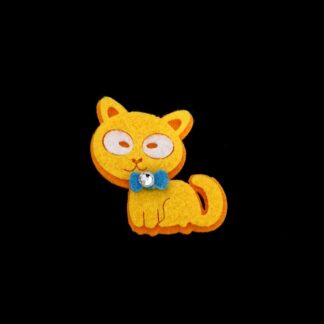 Yellow cat with white eyes and clear rhinestone blue bow on orange felt decoration by piece - size 43 x 50 mm
