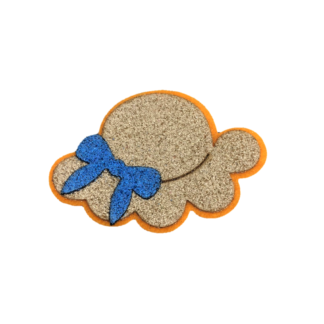 Glittery yellow hat with blue bow on orange felt decoration by piece - size 55 x 80 mm