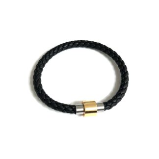 Golden and silvery metal magnetic clasp black leather bracelet - diametre 75 mm