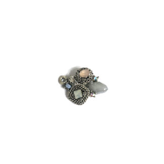 Iridescent clear green grey blue orange rhinestones on square round silvery metal pendant - size 20 x 25 mm