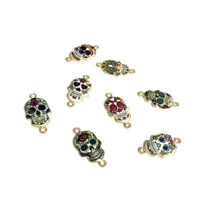 Colourful skull golden metal connector - size 13 x 26 mm - 2 pieces