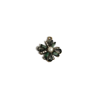 Pearly white ball clear green dark grey rhinestones flower golden metal pendant - size 23 x 27 mm