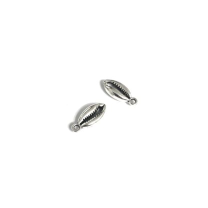 Silvery metal cowrie shell pendants - size 8 x 18 mm - 2 pieces