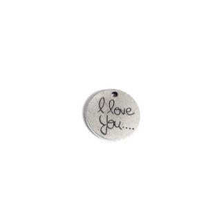 Flat round silvery metal double-sided I love you pendant - diametre 20 mm