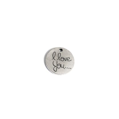 Flat round silvery metal double-sided I love you pendant - diametre 20 mm
