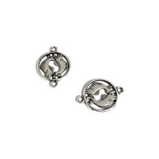 Silvery metal twin fish round connectors - size 18 mm - 2 pieces