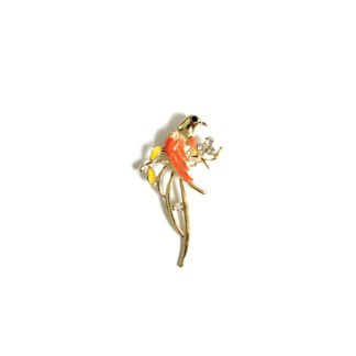 Clear rhinestones yellow leaves black eye and orange wing golden metal bird brooch - size 32 x 55 mm
