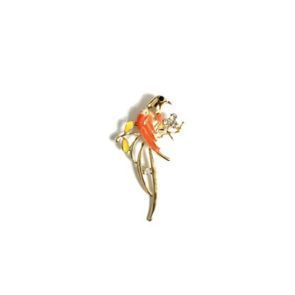 Clear rhinestones yellow leaves black eye and orange wing golden metal bird brooch - size 32 x 55 mm