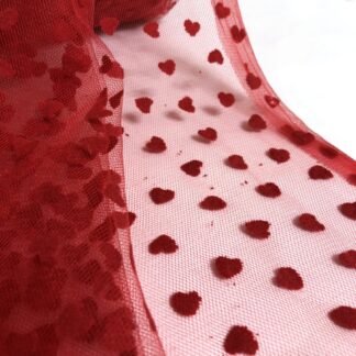 Soft red net fabric with hearts by metre - width 156 cm
