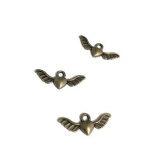 Two wings brass metal heart pendants - size 10 x 27 mm - 3 pieces