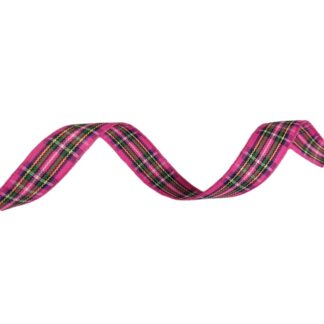 Pink polyester ribbon with green yellow white and blue plaid pattern by metre - width 15 mm