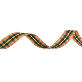 Orange cotton ribbon with yellow green and purple plaid pattern by metre - width 15 mm