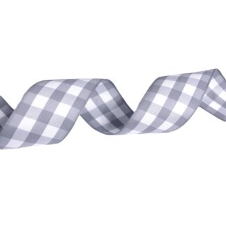 White polyester ribbon with grey checkered pattern by metre - width 35 mm