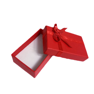 Rigid red cardboard gift box with white cushion and rose bow ribbon on lid - size 2.5 x 5 x 8 cm