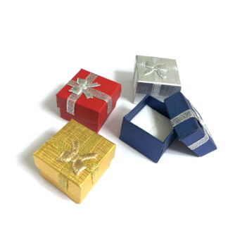 Rigid blue cardboard gift box with white cushion and metallic ribbon and bow on lid - size 4 x 4 cm