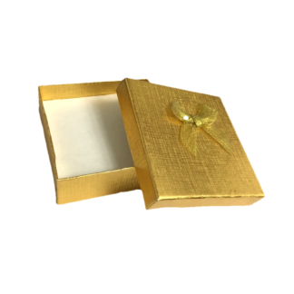 Golden ribbon bow decorated white cushion cardboard gift box - size 30 x 90 x 90 mm