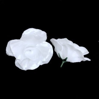 Shiny white fabric flower with green plastic sepals - size 90 mm
