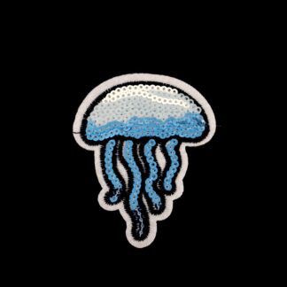 Blue and black jellyfish on white iron-on garment sticker by piece - size 56 x 70 mm