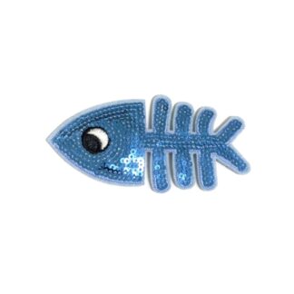 Light blue sequins fish with black and white eye embroidered iron-on garment sticker by piece - size 51 x 100 mm