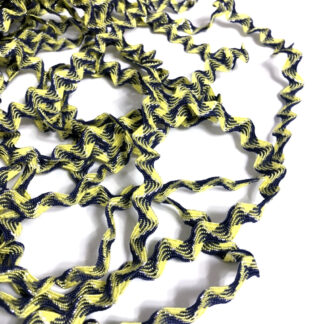 Blue and yellow zigzag trim ribbon with silvery thread by metre - width 8 mm
