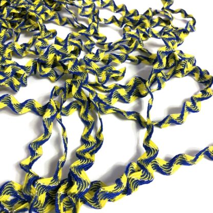 Blue and yellow zigzag trim ribbon with silvery thread by metre - width 8 mm