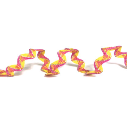 Pink and yellow zigzag trim ribbon with silvery thread by metre - width 8 mm