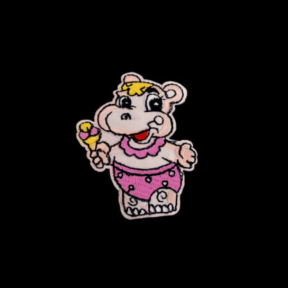 Pink and yellow hippo with ice cream iron-on garment sticker by piece - size 50 x 65 mm