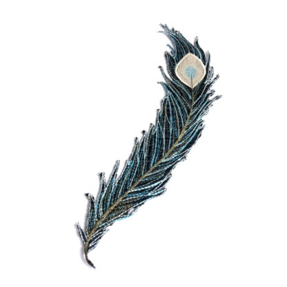 Black and light blue feather with golden quill iron-on garment sticker by piece - size 50 x 225 mm