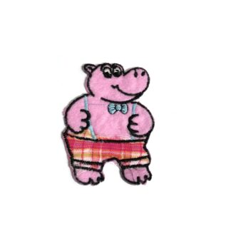 Pink hippo in colourful dress iron-on garment sticker by piece - size 50 x 75 mm