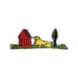 Yellow dog red doghouse and green tree iron-on garment sticker by piece - size 30 x 75 mm