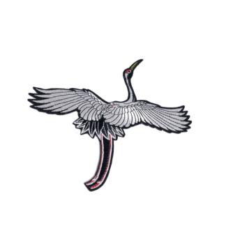 Red yellow and silvery bird on black iron-on garment sticker by piece - size 170 mm