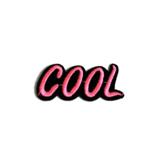 Pink word COOL on black iron-on garment sticker by piece - size 25 x 55 mm