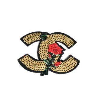 Golden sequins CHANEL logo with embroidered red rose and green butterfly iron-on garment sticker by piece - size 55 x 70 mm