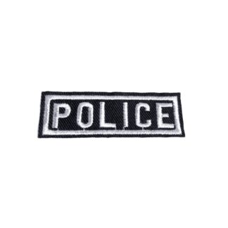 Silvery word POLICE on black rectangular iron-on garment sticker by piece - size 23 x 71 mm