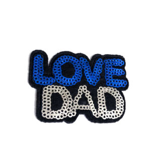 Silvery and blue sequins words LOVE DAD on black iron-on garment sticker by piece - size 48 x 65 mm