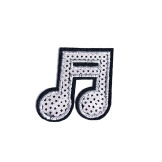 Silvery sequins musical note on black iron-on garment sticker by piece - size 50 x 63 mm