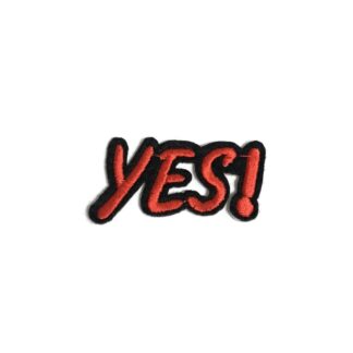 Red YES! on black embroidered iron-on garment sticker by piece - size 27 x 50 mm