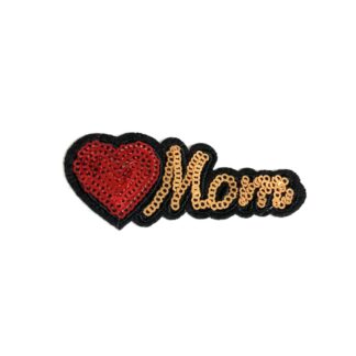 Red heart and golden word Mom sequins on black iron-on garment sticker by piece - size 34 x 83 mm